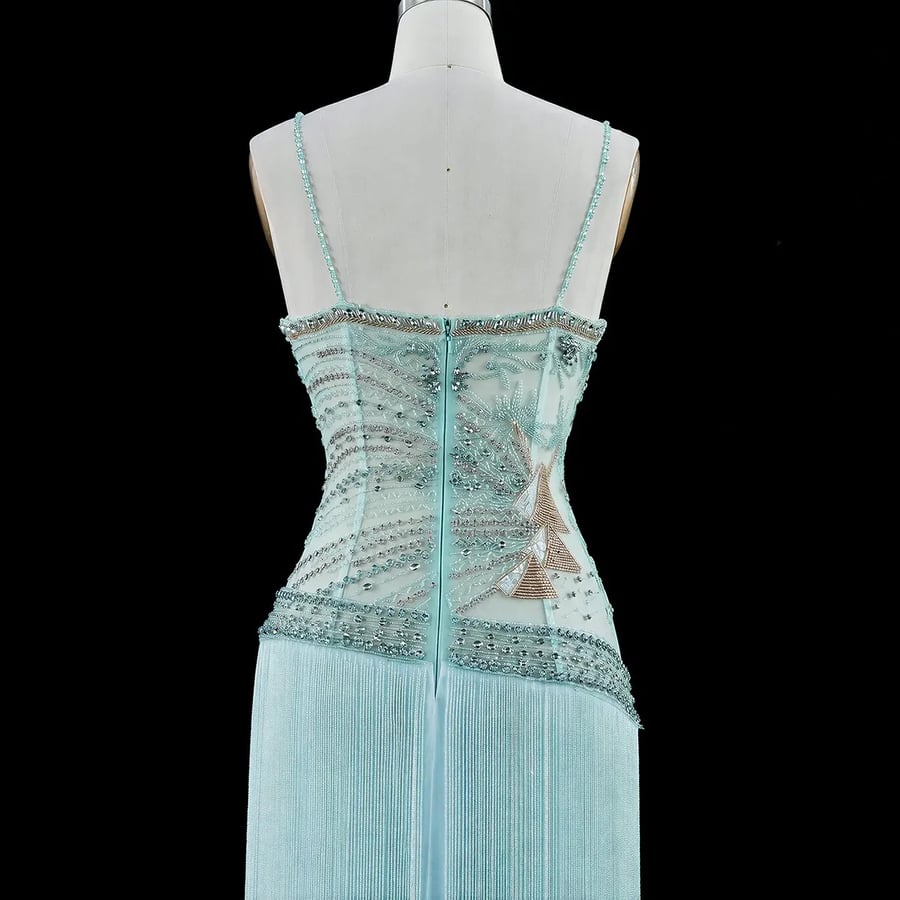 Aquamarine Fringe Evening Dress MS238