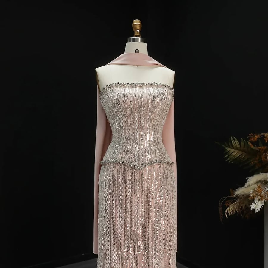 Silver Sequined Peplum Gown with Scarf MS243