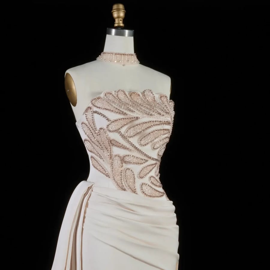 Champagne Embellished Satin Gown MS231