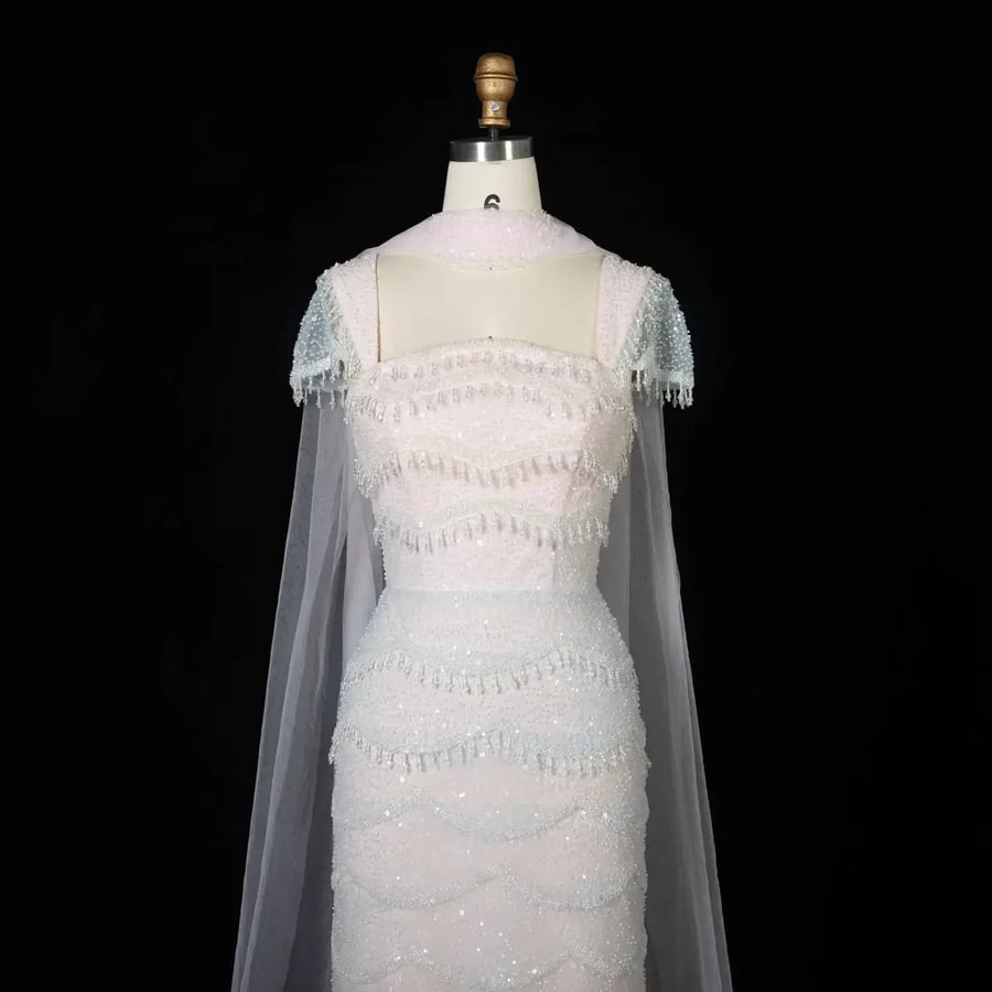 White Scalloped Embellished Gown MS107
