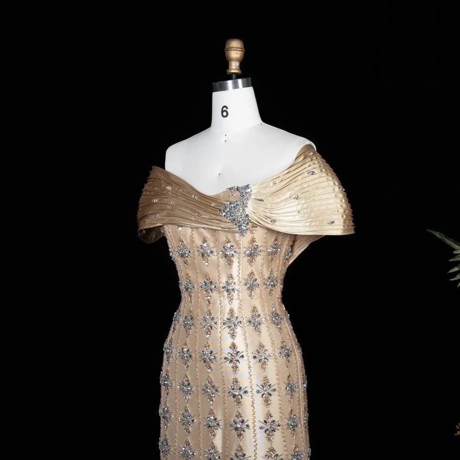 Golden Off-the-Shoulder Embellished Gown MS204