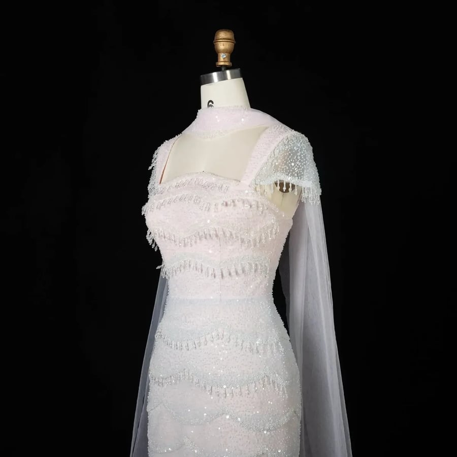 White Scalloped Embellished Gown MS107