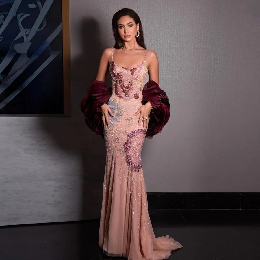 Embellished Pink Ruffle Gown MS232
