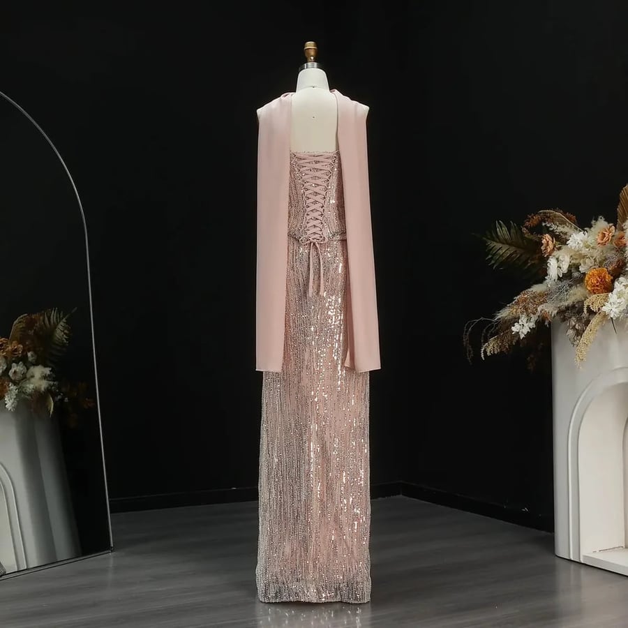 Silver Sequined Peplum Gown with Scarf MS243
