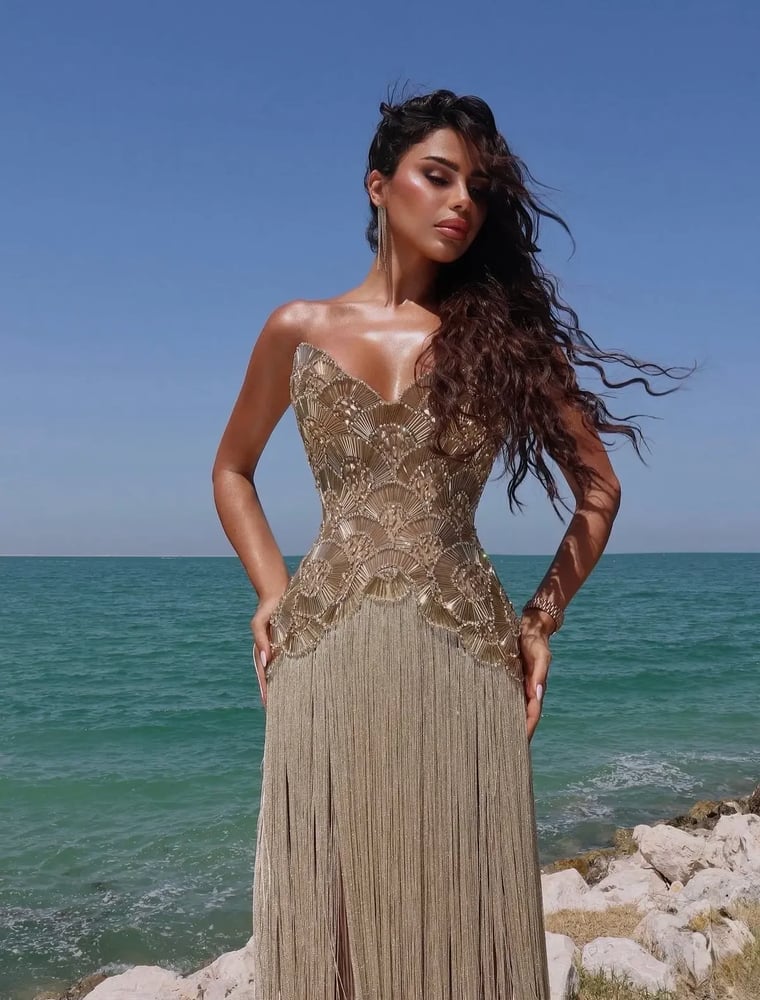 Golden Embellished Fringe Gown MS222