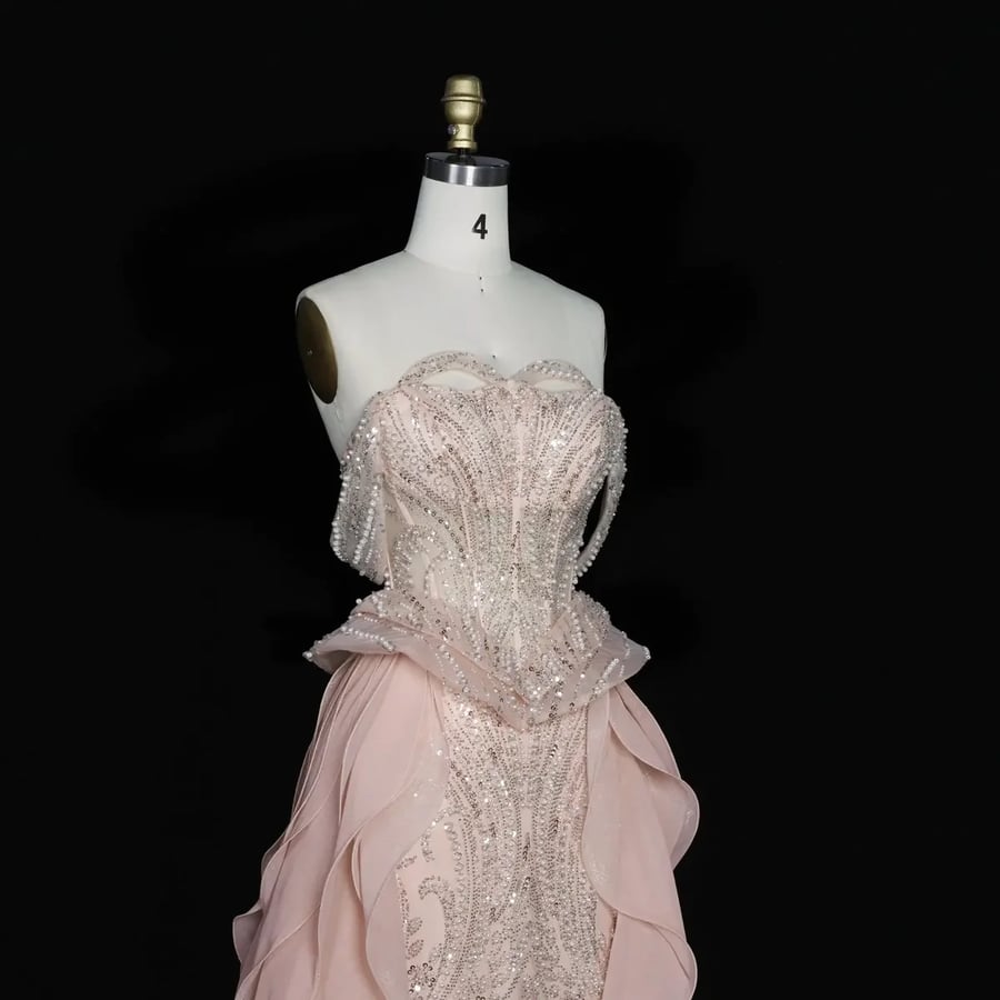 Blush Corset Ruffled-Train Gown MS103