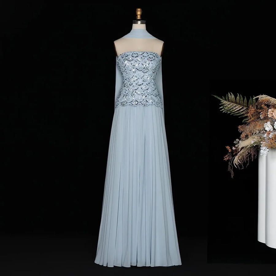 Sky Blue Silver-Embellished Cape Gown MS105