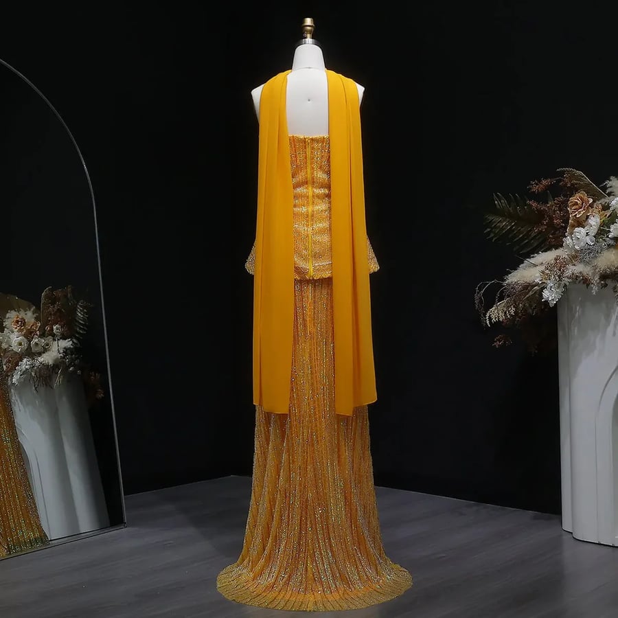 Yellow Peplum Sequined Gown MS201