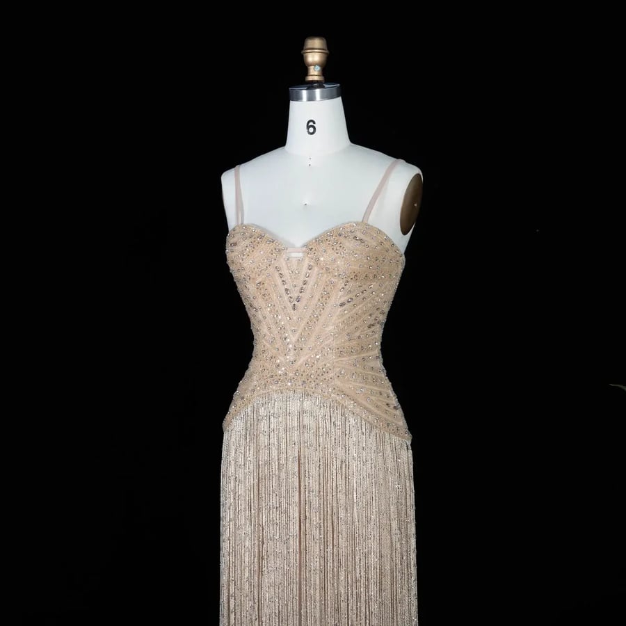 Golden Corset Fringe Gown MS219