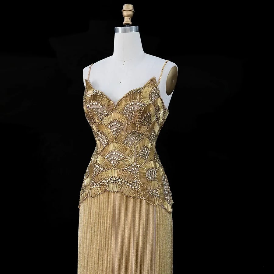 Golden Embellished Fringe Gown MS222