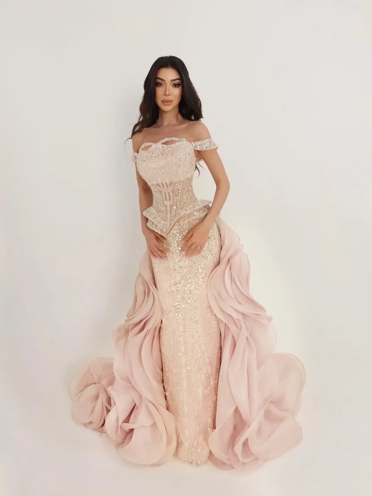 Blush Corset Ruffled-Train Gown MS103