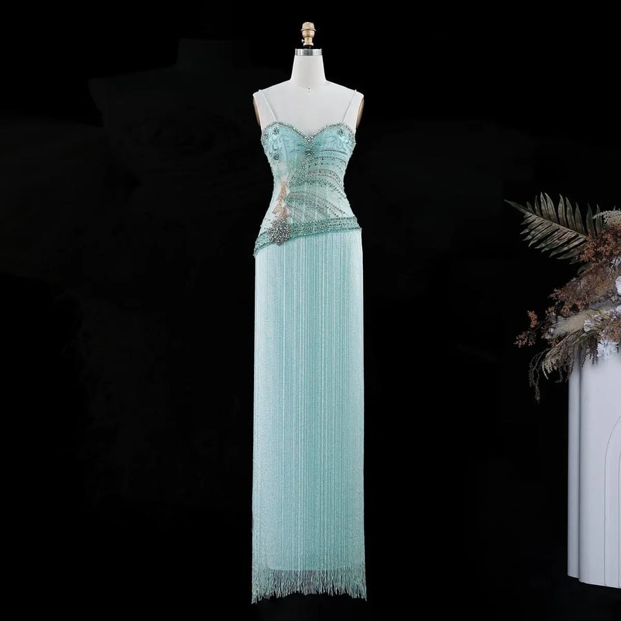 Aquamarine Fringe Evening Dress MS238