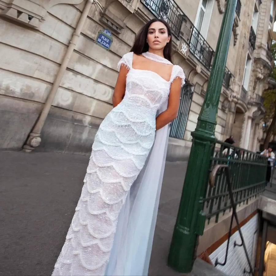 White Scalloped Embellished Gown MS107