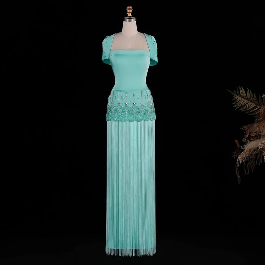 Turquoise Beaded Fringe Gown MS239