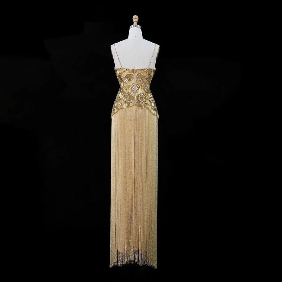 Golden Embellished Fringe Gown MS222