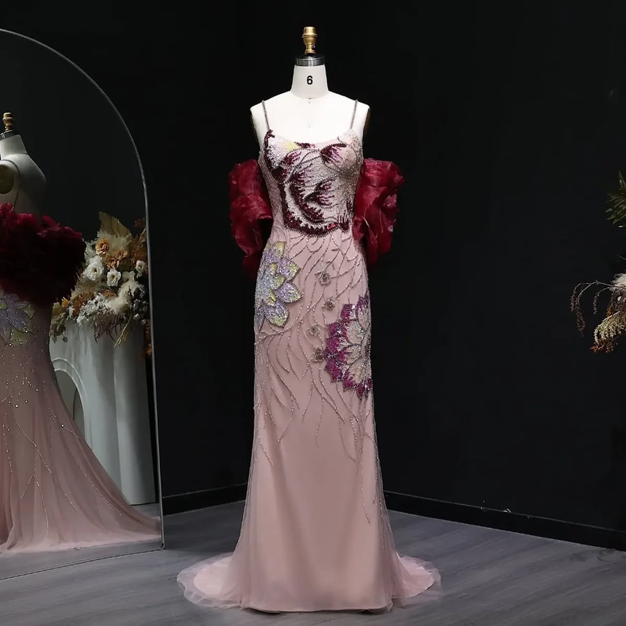 Embellished Pink Ruffle Gown MS232