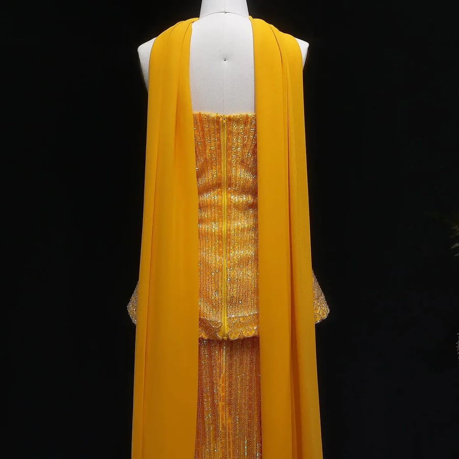 Yellow Peplum Sequined Gown MS201
