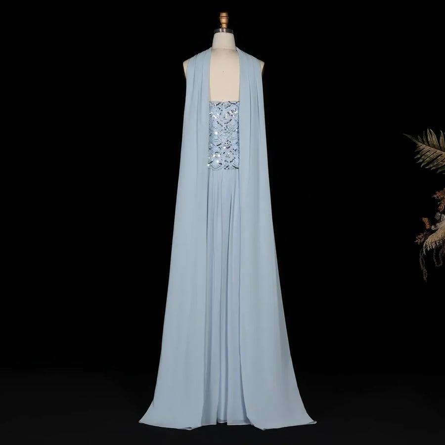 Sky Blue Silver-Embellished Cape Gown MS105