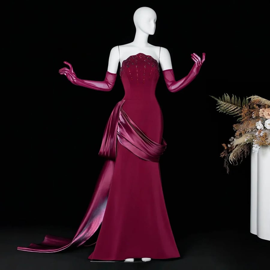 Burgundy Strapless Velvet Gown MS225