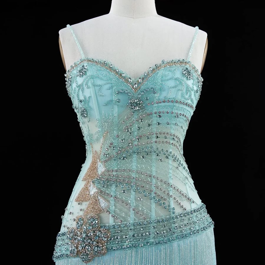 Aquamarine Fringe Evening Dress MS238