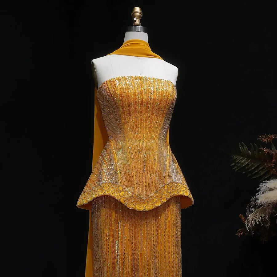 Yellow Peplum Sequined Gown MS201
