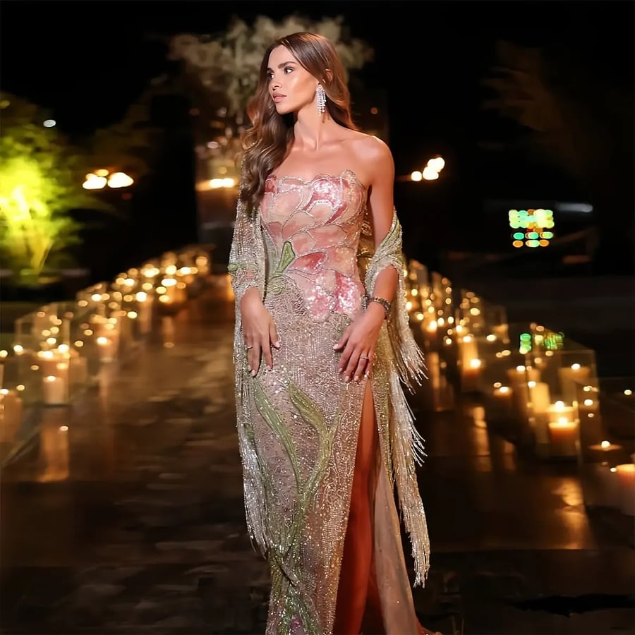 Floral Embellished Slit Gown MS216