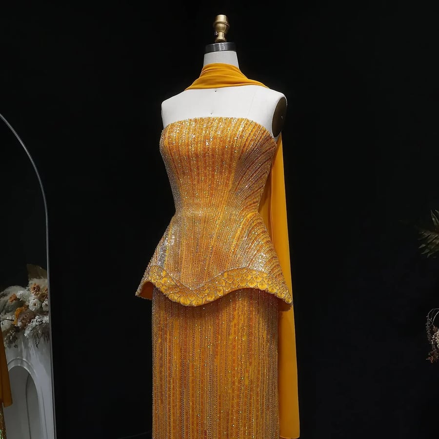 Yellow Peplum Sequined Gown MS201