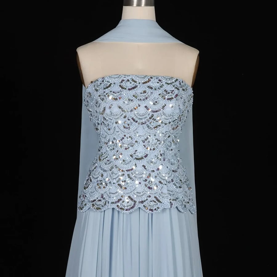Sky Blue Silver-Embellished Cape Gown MS105