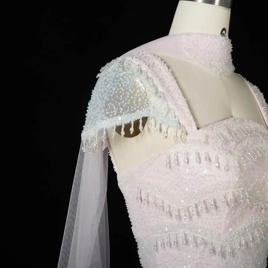 White Scalloped Embellished Gown MS107