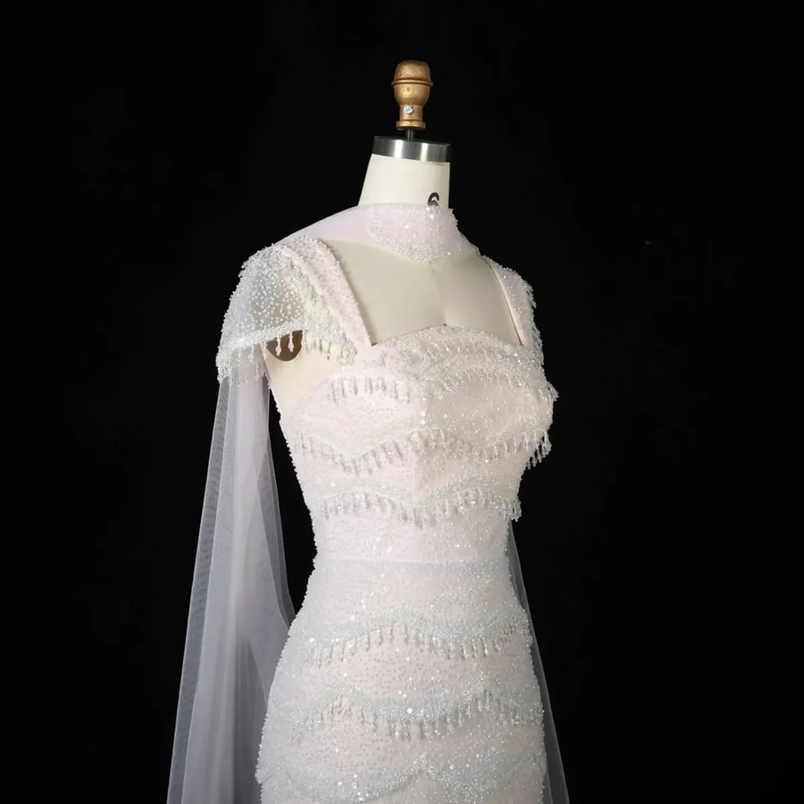 White Scalloped Embellished Gown MS107