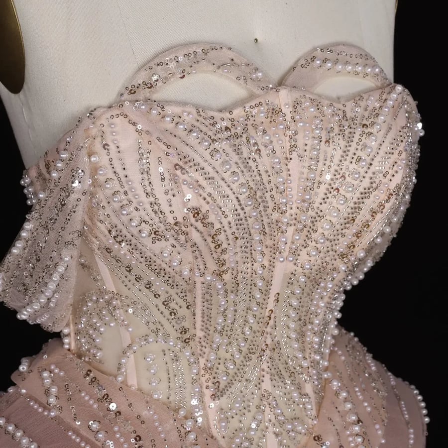 Blush Corset Ruffled-Train Gown MS103
