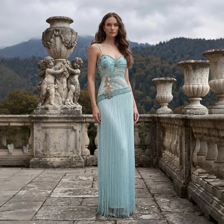 Aquamarine Fringe Evening Dress MS238
