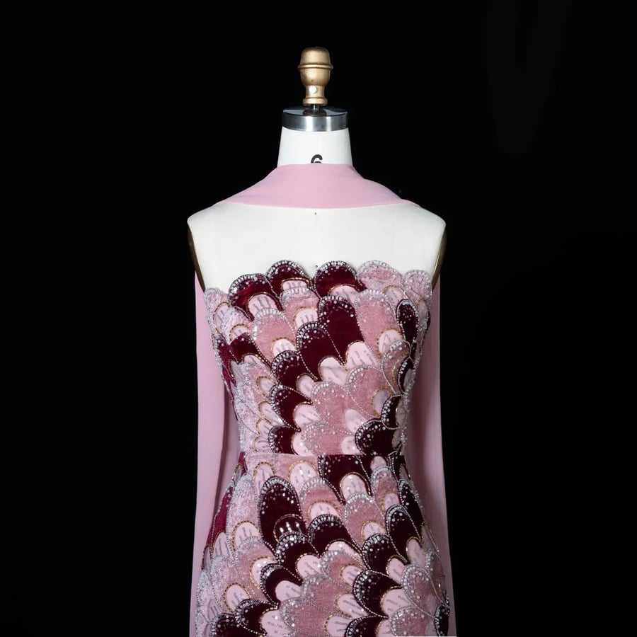 Pink and Burgundy Feather-Pattern Gown MS203