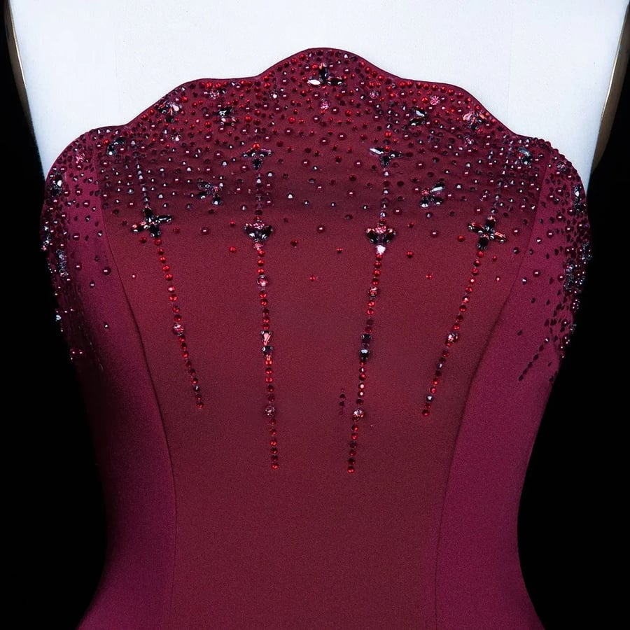 Burgundy Strapless Velvet Gown MS225