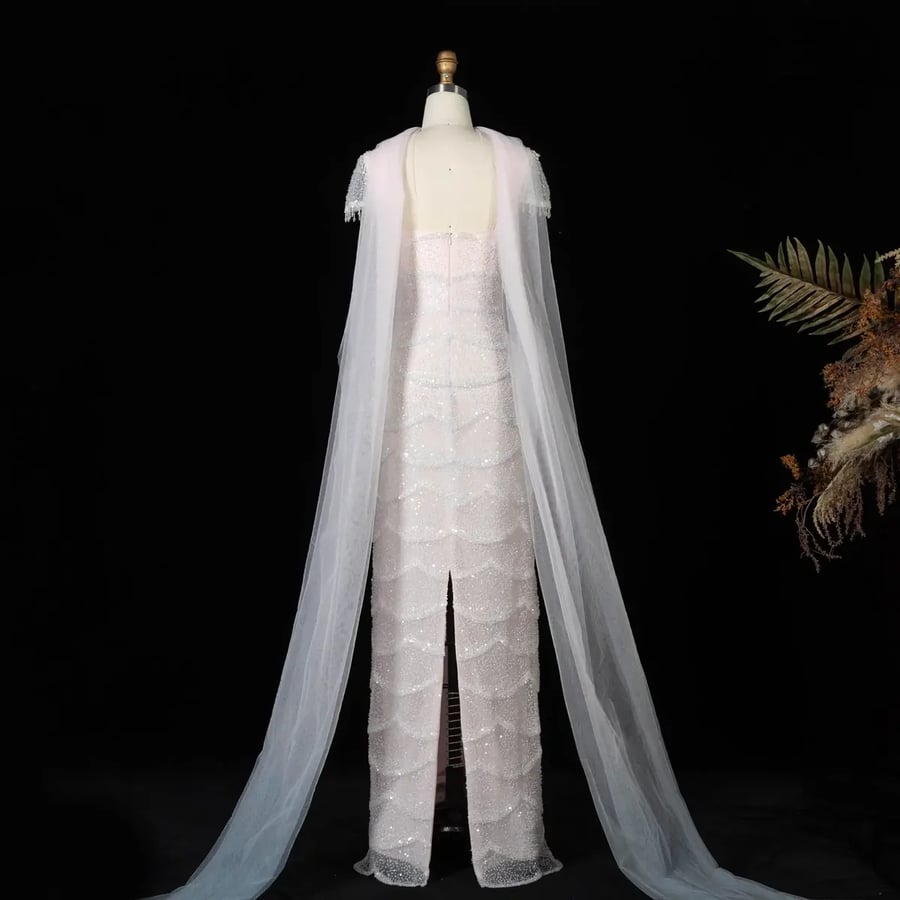 White Scalloped Embellished Gown MS107