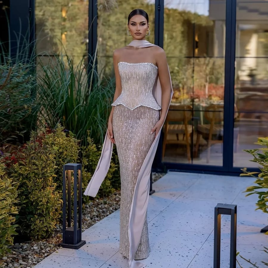 Silver Sequined Peplum Gown with Scarf MS243