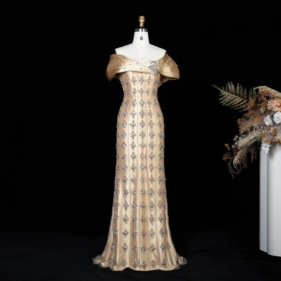 Golden Off-the-Shoulder Embellished Gown MS204