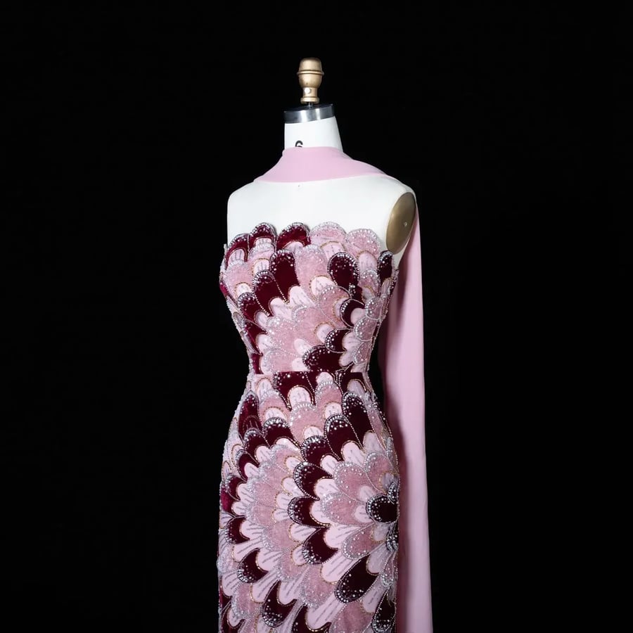 Pink and Burgundy Feather-Pattern Gown MS203