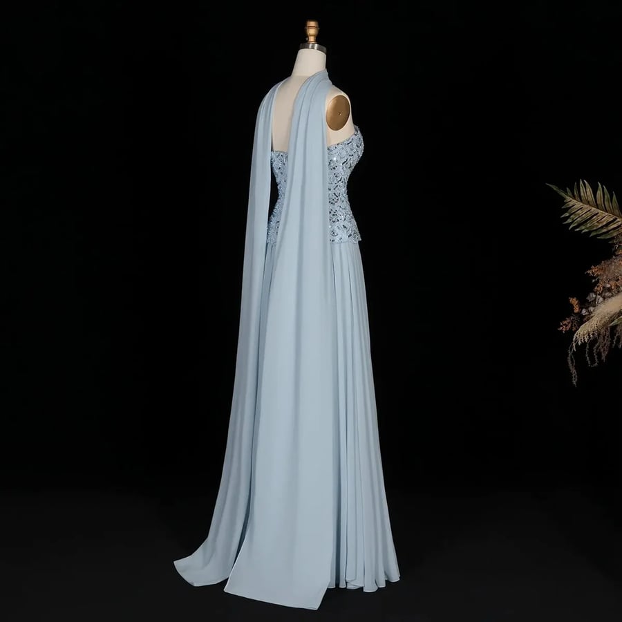 Sky Blue Silver-Embellished Cape Gown MS105