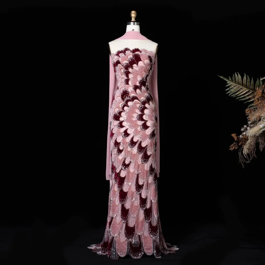 Pink and Burgundy Feather-Pattern Gown MS203