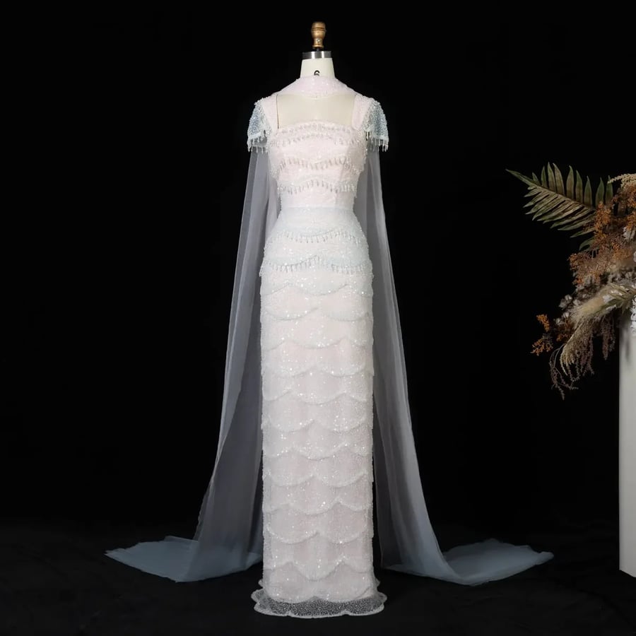 White Scalloped Embellished Gown MS107