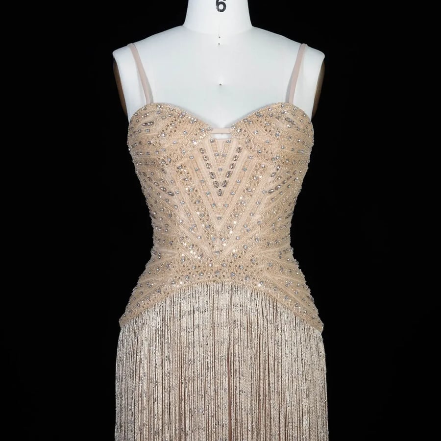 Golden Corset Fringe Gown MS219
