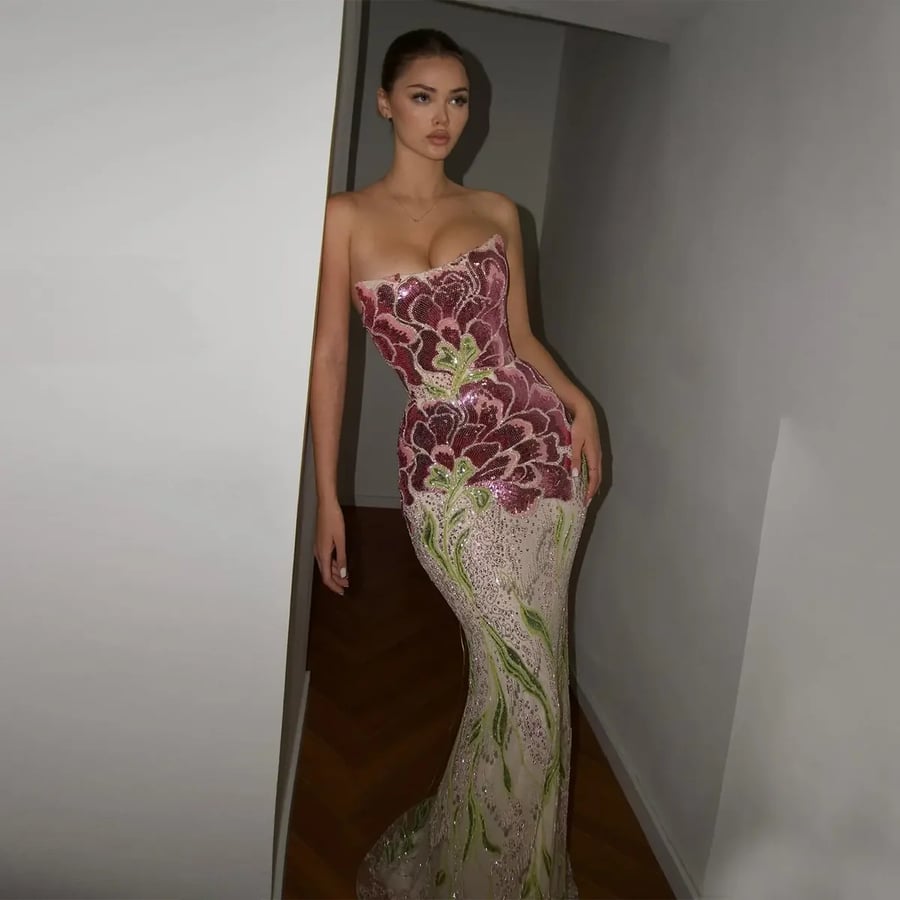 Floral Sequin Strapless Gown MS217
