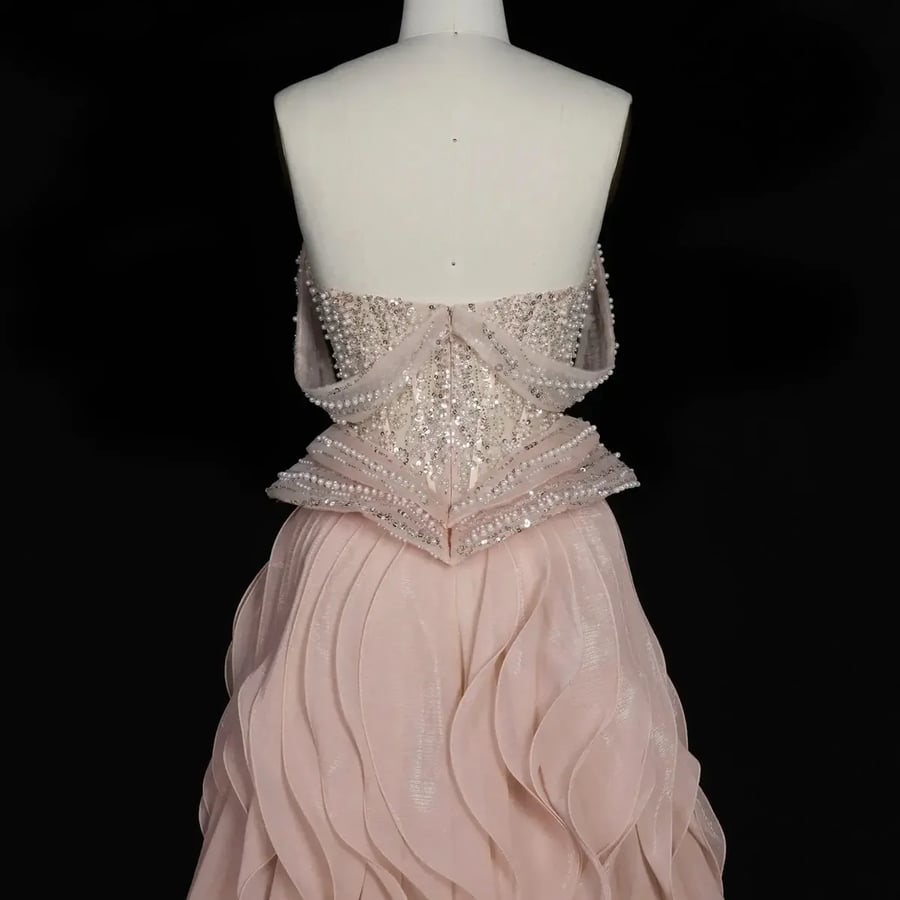Blush Corset Ruffled-Train Gown MS103