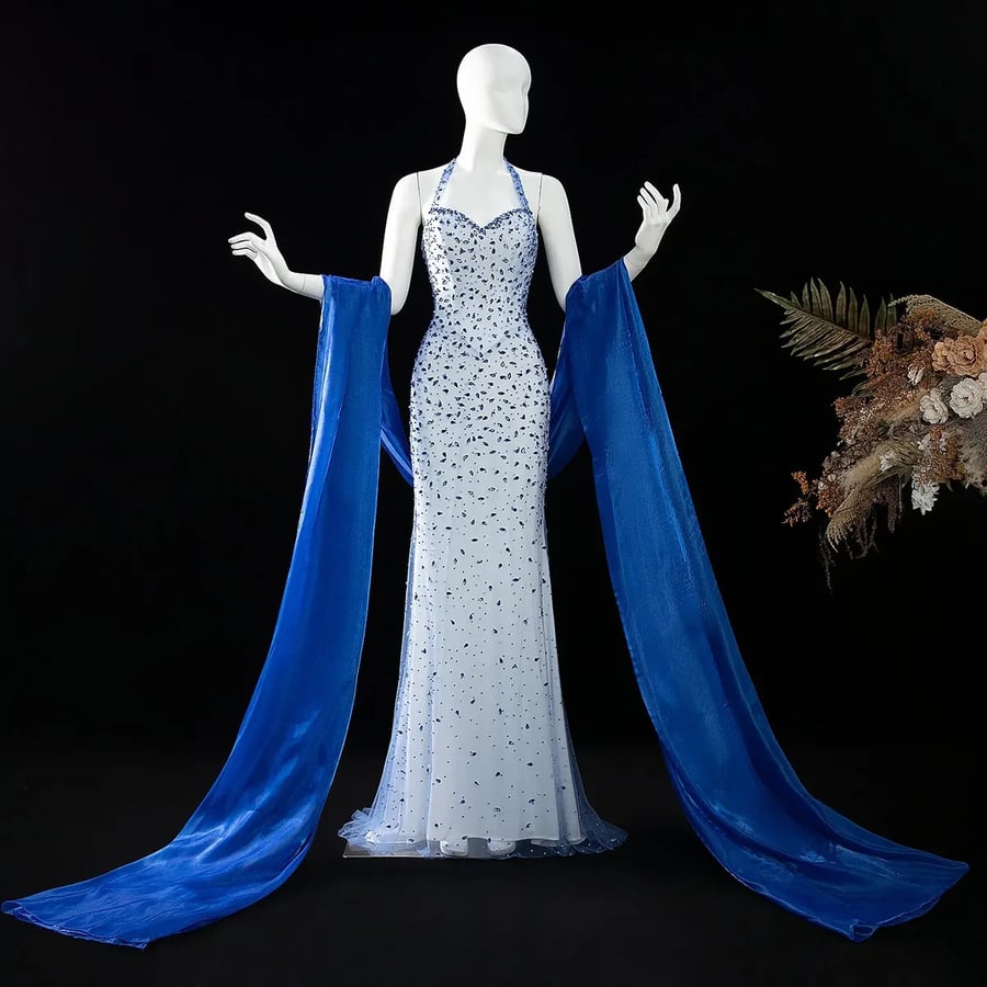 Blue Crystal Halter Gown MS214
