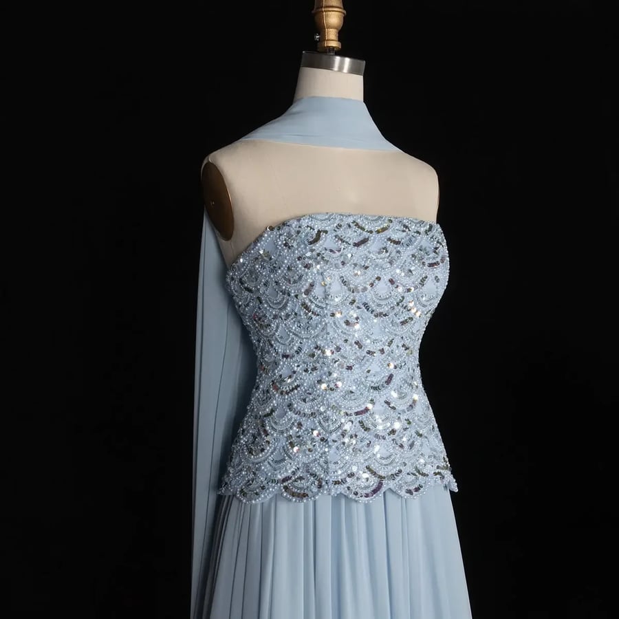 Sky Blue Silver-Embellished Cape Gown MS105