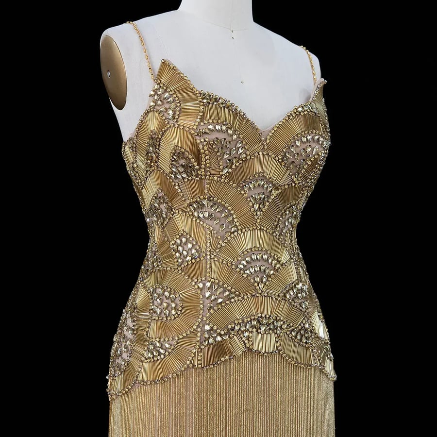 Golden Embellished Fringe Gown MS222