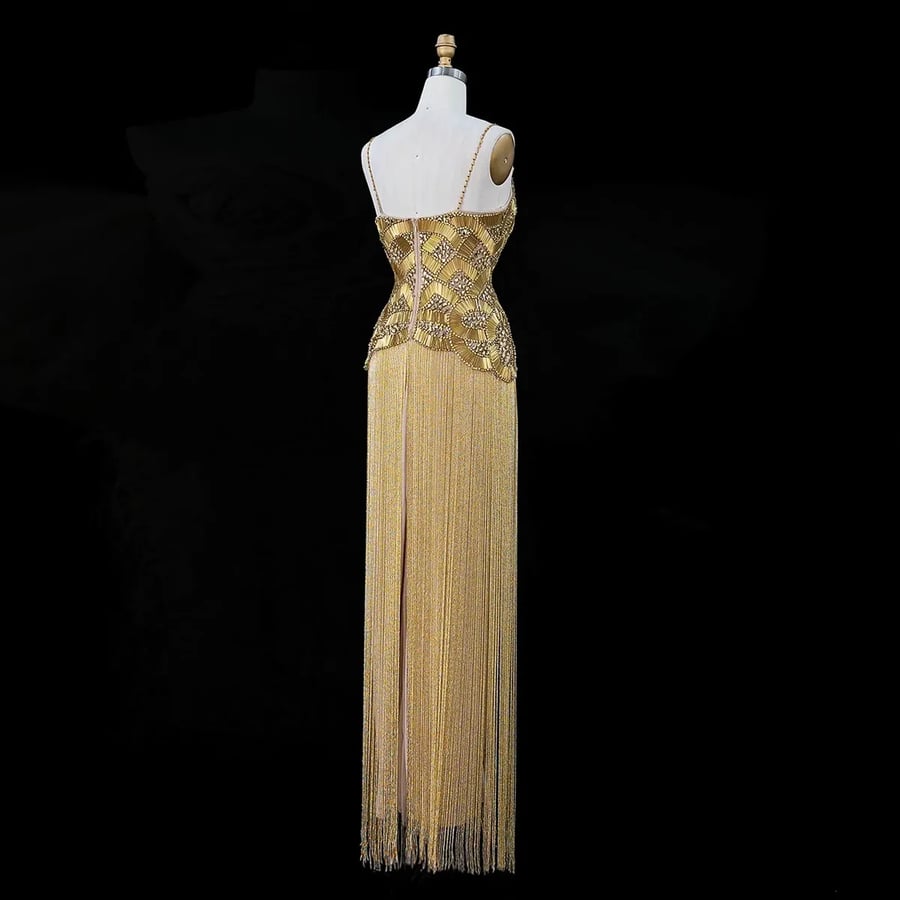 Golden Embellished Fringe Gown MS222