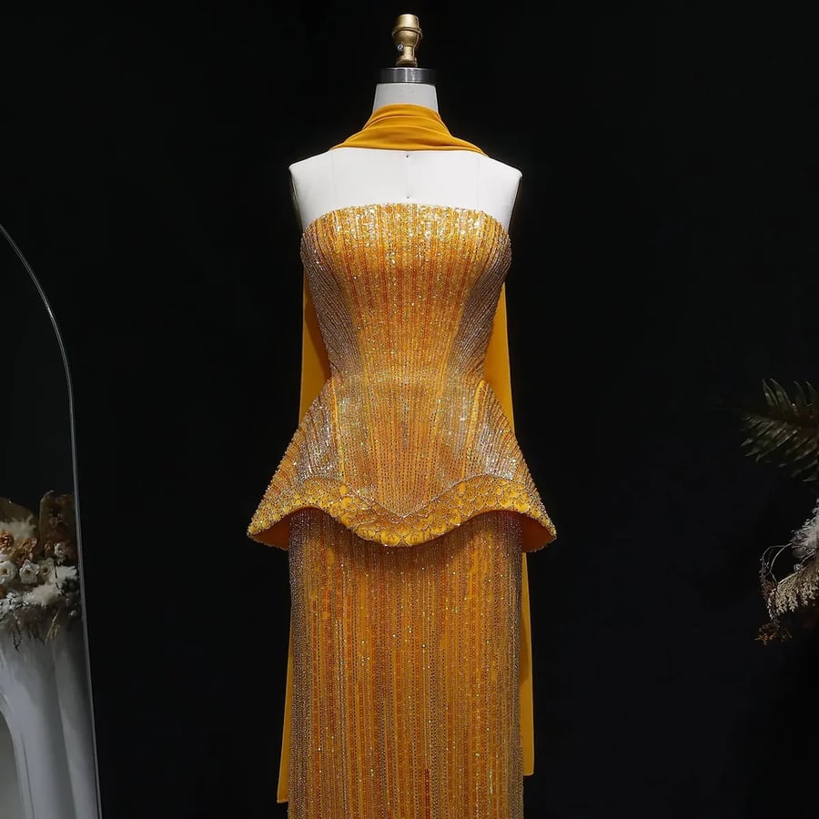 Yellow Peplum Sequined Gown MS201