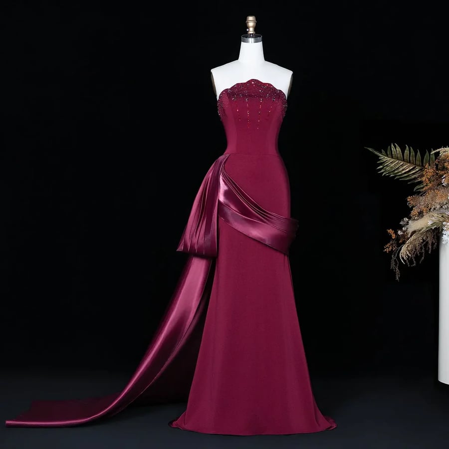 Burgundy Strapless Velvet Gown MS225